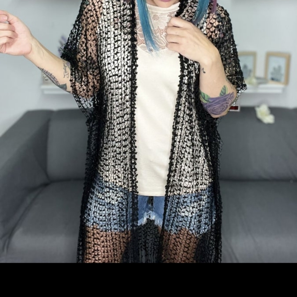 Black knitted and sequined bathing suit cover-up